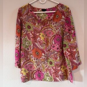 Talbots Pink and Green Floral Tunic Style Blouse 100% Silk Size Medium
